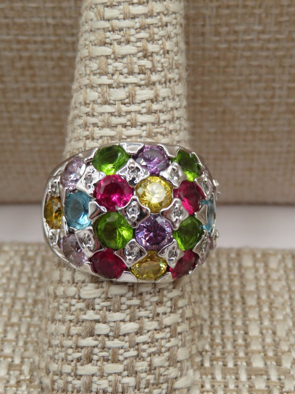 Multi Color Rhinestone Silver Tone Dome Cocktail Ring Sz 10 - Picture 5 of 12